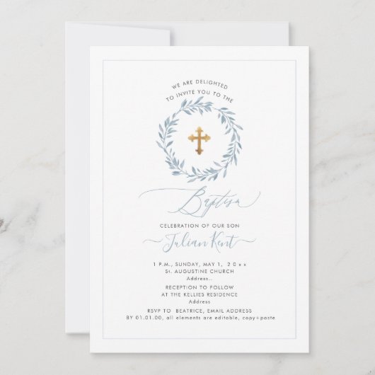 Invitation PixDezines Aquarelle Dusty Blue Wreath (Devant)