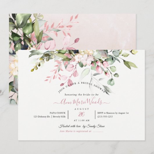 Invitation PixDezines Aquarelle Dusty rose Eucalyptus nuptial (Devant / Derrière)