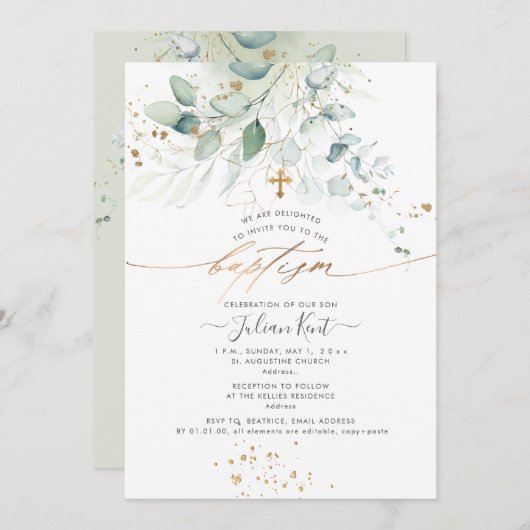 Invitation PixDezines Aquarelle Eucalyptus Baptême (Devant / Derrière)