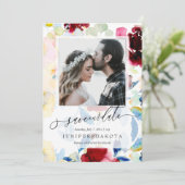 Invitation PixDezines Aquarelle Fleurs Bourgogne+Bleu (Debout devant)