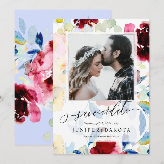 Invitation PixDezines Aquarelle Fleurs Bourgogne+Bleu (Devant / Derrière)