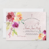 Invitation PixDezines Aquarelle Fleurs Rose Baptême (Devant)