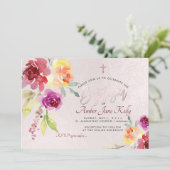 Invitation PixDezines Aquarelle Fleurs Rose Baptême (Debout devant)