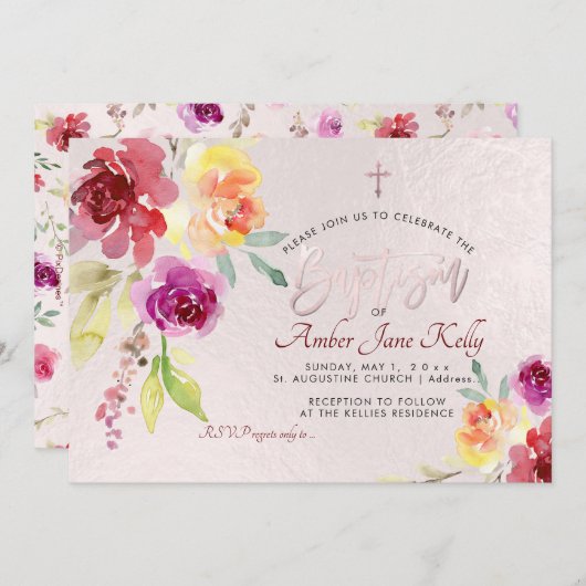 Invitation PixDezines Aquarelle Fleurs Rose Baptême (Devant / Derrière)
