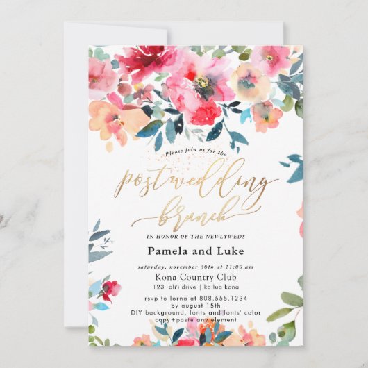 Invitation PixDezines Aquarelle Jardin Rose Mariage Brunch (Devant)