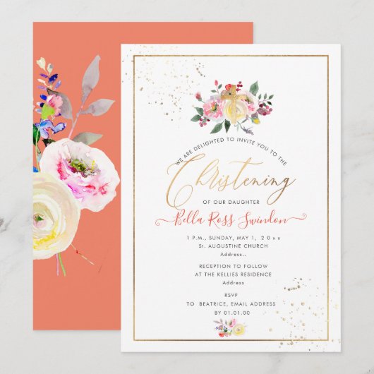 Invitation PixDezines Aquarelle Pastel Roses, Jaune+Corail (Devant / Derrière)