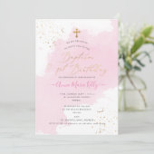 Invitation PixDezines Aquarelle rose Baptême+1er Anniversaire (Debout devant)