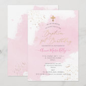 Invitation PixDezines Aquarelle rose Baptême+1er Anniversaire (Devant / Derrière)