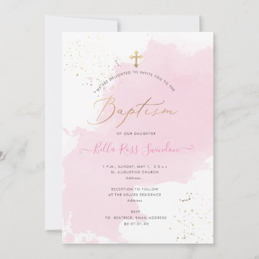 Invitation PixDezines Aquarelle rose Baptême Washed (Devant)