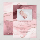 Invitation PixDezines Aquarelle Rose Gold Agate Christening (Devant / Derrière)