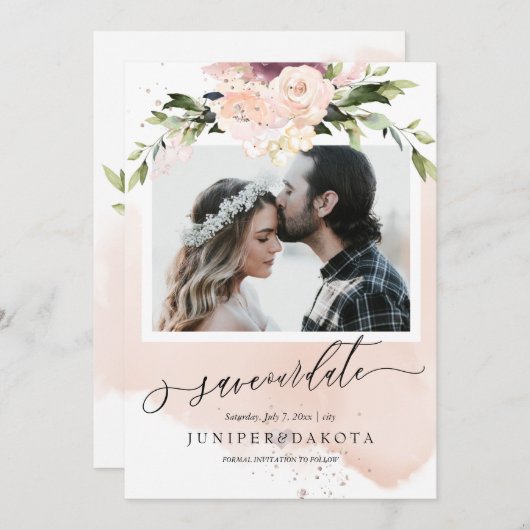 Invitation PixDezines Aquarelle rose pâle Rose roux (Devant / Derrière)