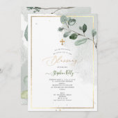 Invitation PixDezines Aquarelle Rustique Eucalyptus Baptême (Devant / Derrière)