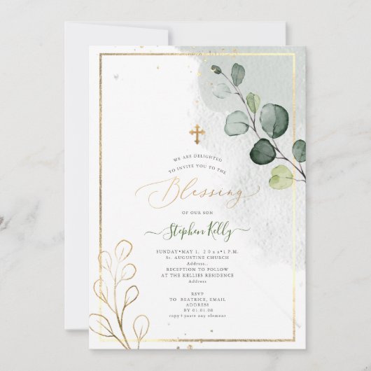 Invitation PixDezines Aquarelle Rustique Eucalyptus Baptême (Devant)