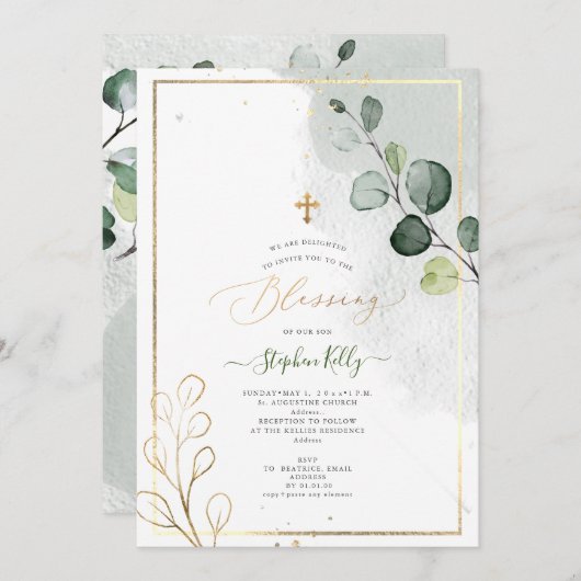 Invitation PixDezines Aquarelle Rustique Eucalyptus Baptême (Devant / Derrière)