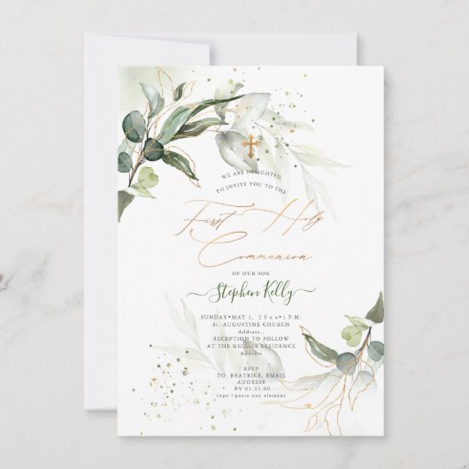 Invitation PixDezines Aquarelle Rustique Eucalyptus Communion (Devant)