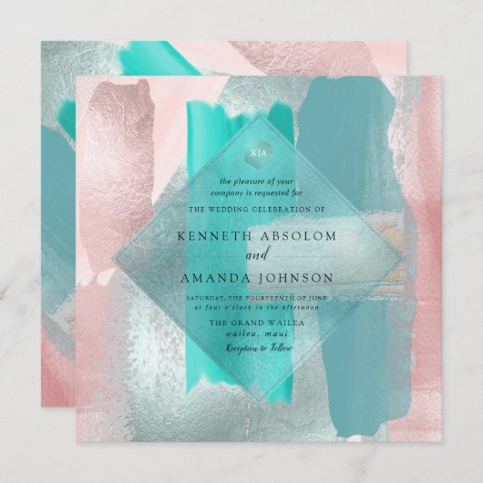 Invitation PixDezines Aquarelle Turquoise Aqua Blush Sage (Devant / Derrière)
