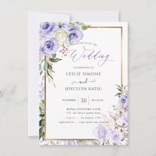 Invitation PixDezines Aquarelle violet Rose Mariage (Devant)