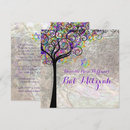 Invitation PixDezines arbre de vie Bat mitzvah/fausse feuille (Devant / Derrière)