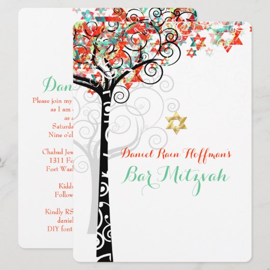 Invitation PixDezines arbre de vie mitzvah/turquoise/orange (Devant / Derrière)