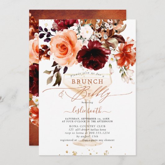 Invitation PixDezines Automne Aquarelle Fleurs Brunch Bubbly (Devant / Derrière)
