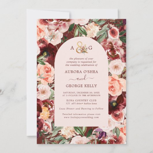 Invitation PixDezines Automne Love H2 Marsala Fleurs rouges (Devant)