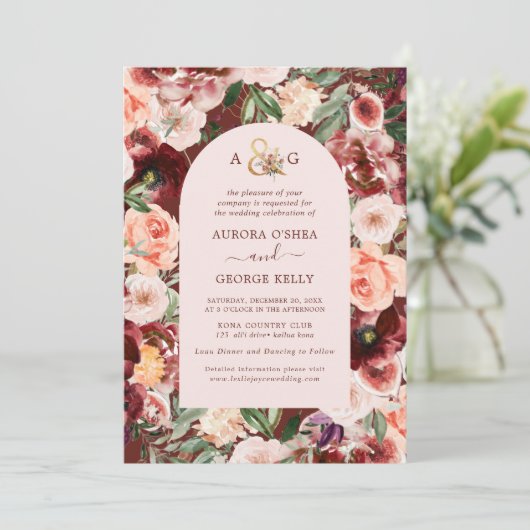 Invitation PixDezines Automne Love H2 Marsala Fleurs rouges (Debout devant)