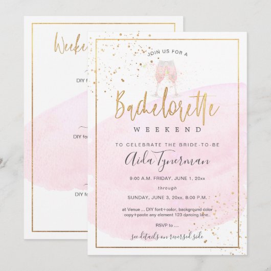 Invitation PixDezines Bachelorette Week-end Aquarelle rose (Devant / Derrière)