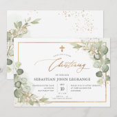 Invitation PixDezines Baptême à l'aquarelle Eucalyptus (Devant / Derrière)