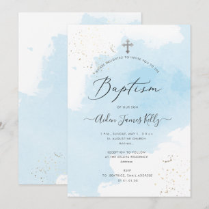 Invitation PixDezines Baptême Aquarelle Bleue Poussière d'Arg