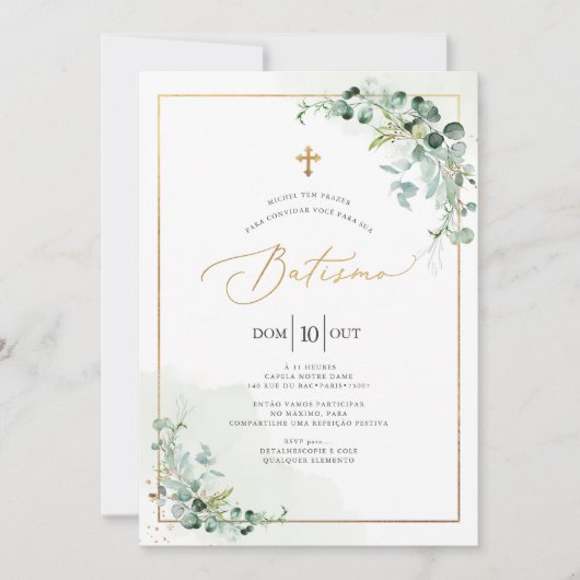 Invitation PixDezines Baptême d'eucalyptus rustique à l'aquar (Devant)
