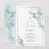Invitation PixDezines Baptême d'eucalyptus rustique à l'aquar (Devant / Derrière)