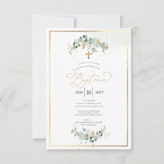 Invitation PixDezines Baptême d'Eucalyptus Rustique Aquarelle (Devant)