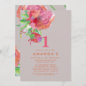 Invitation PixDezines Baptism+ 1er anniversaire Fleurs aquare (Devant / Derrière)