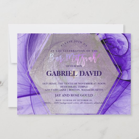 Invitation PixDezines Bar Mitzvah Argent/Ultra Violet Fractal (Dos)