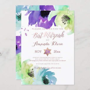 Invitation PixDezines ✡ Bat mitzvah/aquarelle florale