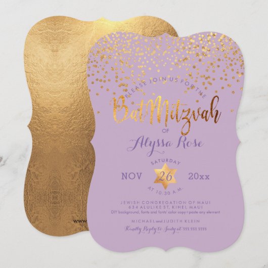 Invitation PixDezines Bat mitzvah/Faux Gold Confetti (Devant / Derrière)