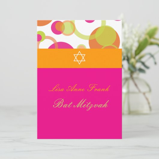 Invitation PixDezines Bat mitzvah+Mod Bubbles/orange/rose vif (Debout devant)