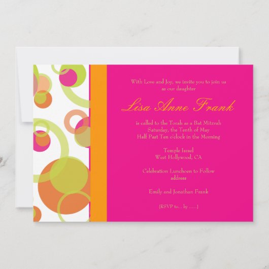 Invitation PixDezines Bat mitzvah+Mod Bubbles/orange/rose vif (Dos)