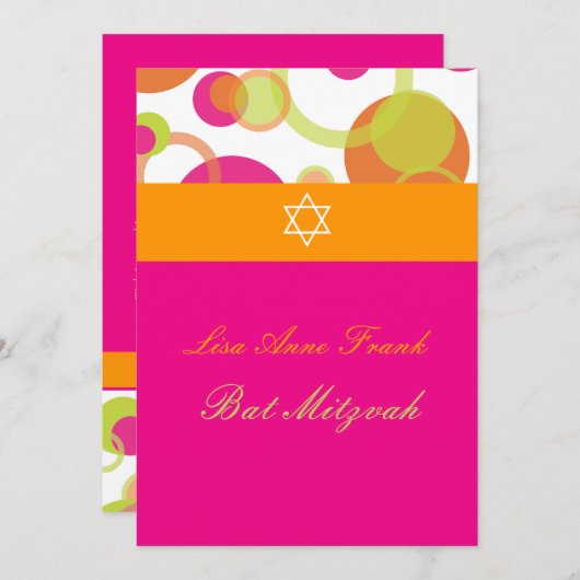 Invitation PixDezines Bat mitzvah+Mod Bubbles/orange/rose vif (Devant / Derrière)
