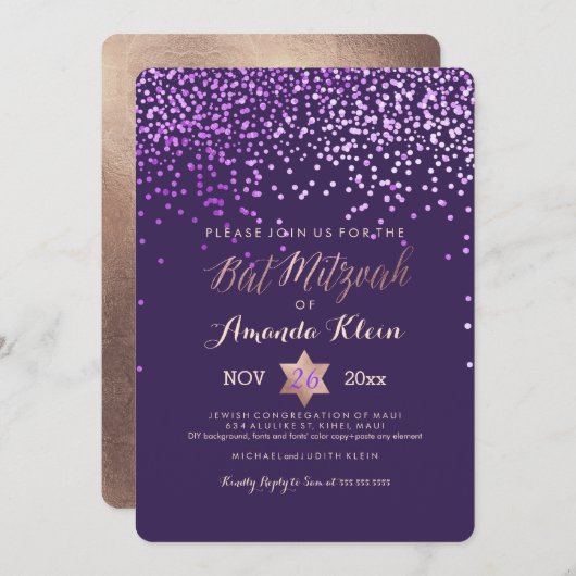 Invitation PixDezines Bat mitzvah/Rose/Rose Gold/Confetti (Devant / Derrière)