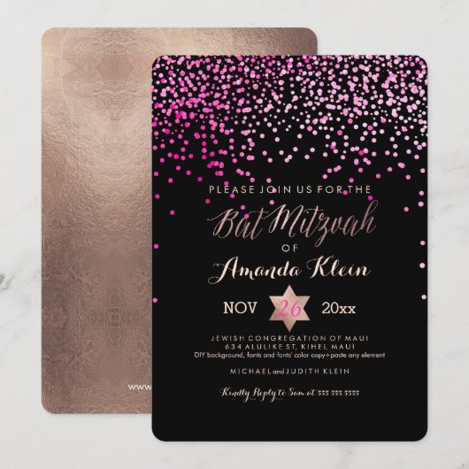 Invitation PixDezines Bat mitzvah/rose/Rose Gold/Confetti (Devant / Derrière)