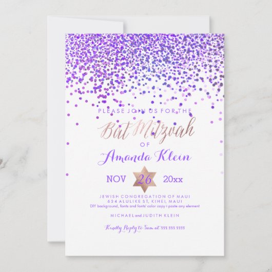 Invitation PixDezines Bat mitzvah/Violet/Rose Or/Confetti (Devant)