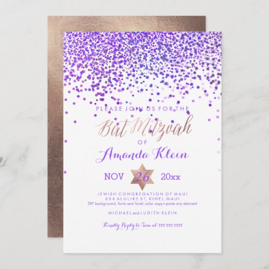 Invitation PixDezines Bat mitzvah/Violet/Rose Or/Confetti (Devant / Derrière)