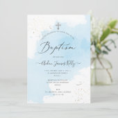 Invitation PixDezines Bleu Aquarelle Argent Poussière Baptême (Debout devant)