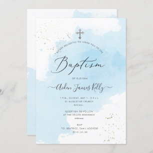 Invitation PixDezines Bleu Aquarelle Argent Poussière Baptême