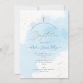 Invitation PixDezines Bleu Aquarelle Or Poussière Baptême (Devant)