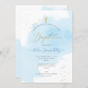 Invitation PixDezines Bleu Aquarelle Or Poussière Baptême