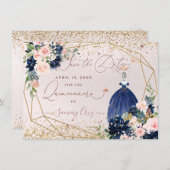 Invitation PixDezines bleu marine Enregistrer la date Quincea (Devant / Derrière)