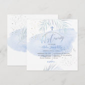 Invitation PixDezines Blue Aquarelle Palms Christening (Devant / Derrière)