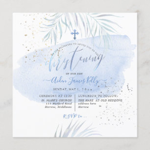 Invitation PixDezines Blue Aquarelle Palms Christening